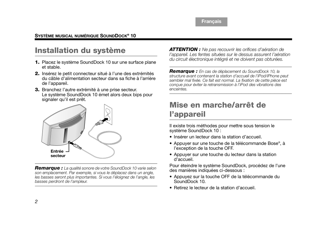 Bose AM314136 manual Installation du système, Mise en marche/arrêt de l’appareil, Entrée secteur 