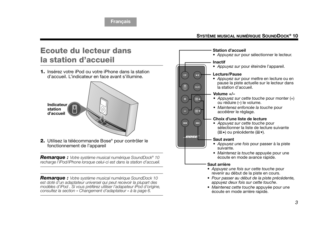 Bose AM314136 manual Ecoute du lecteur dans la station d’accueil 