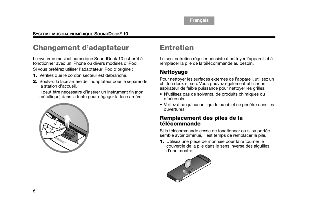 Bose AM314136 manual Changement d’adaptateur, Entretien, Nettoyage, Remplacement des piles de la télécommande 