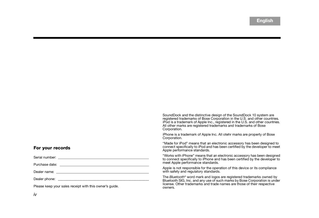 Bose AM314136 manual TAB 8 TAB 7 TAB 6 TAB 5 TAB 4 TAB 3 TAB 2 English, For your records 