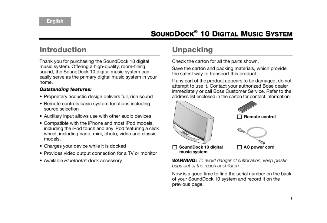 Bose AM314136 manual Introduction, Unpacking 