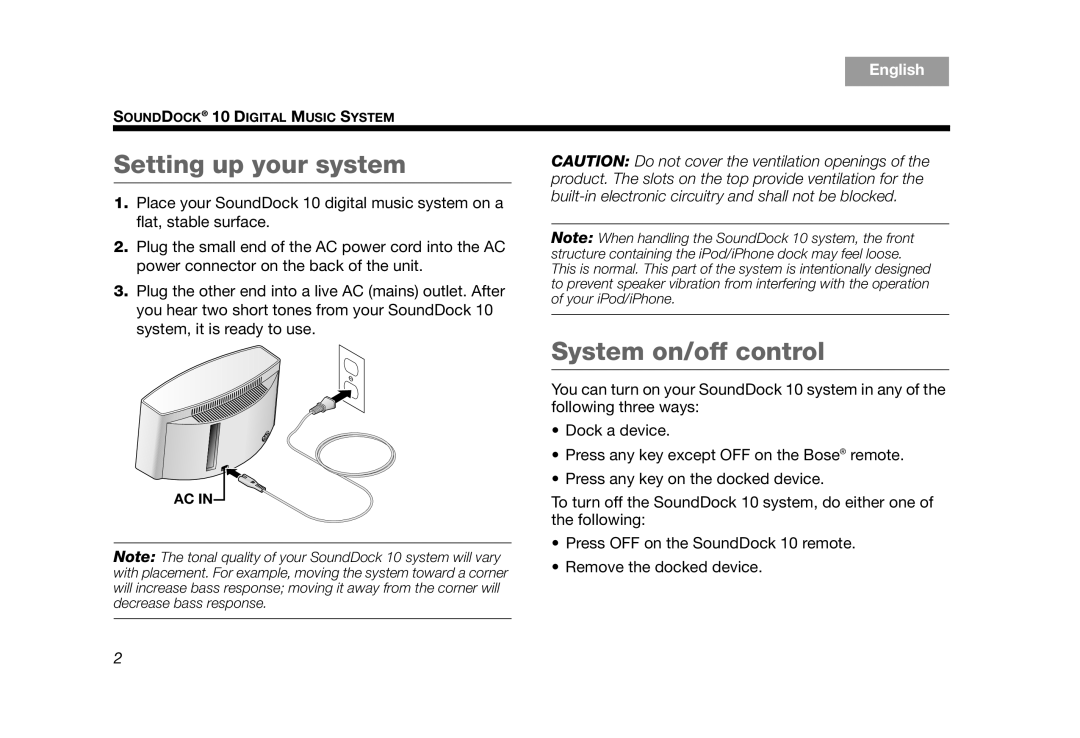 Bose AM314136 manual Setting up your system, System on/off control 