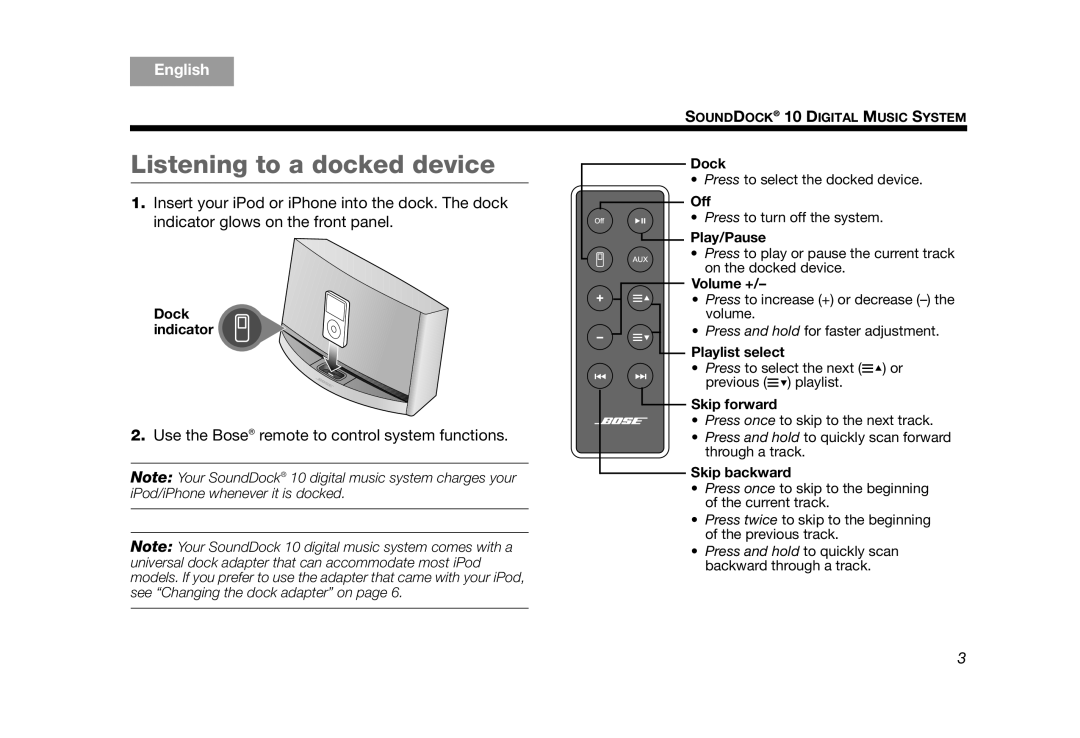 Bose AM314136 manual Listening to a docked device, Use the Bose remote to control system functions 