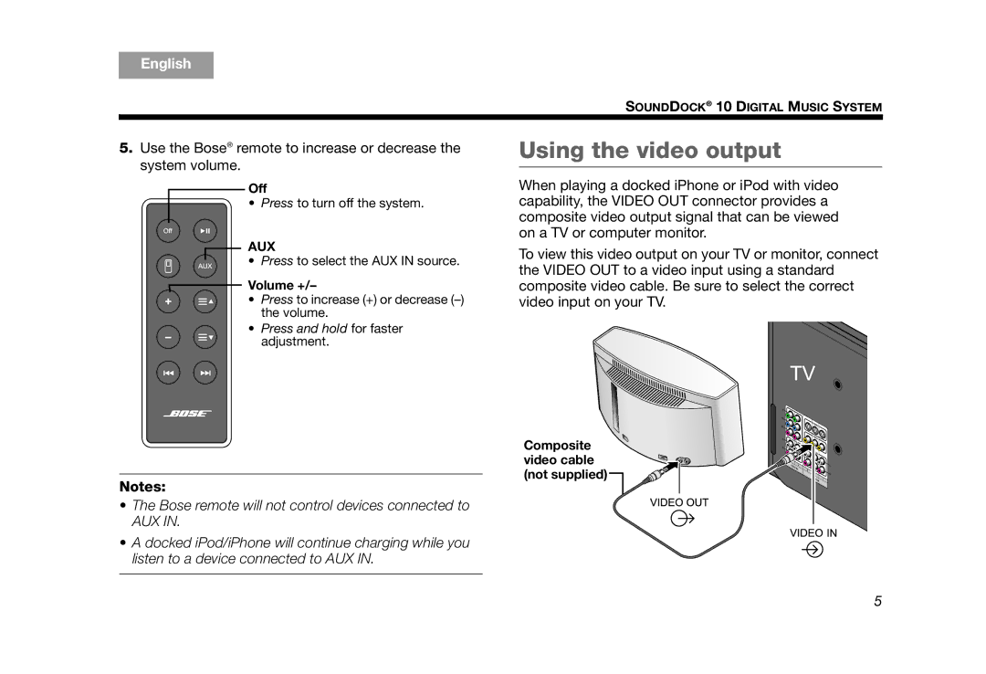 Bose AM314136 manual Using the video output, Aux 