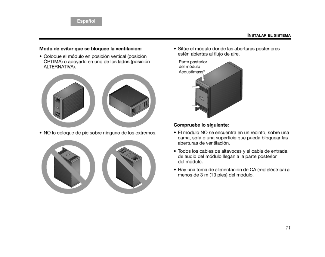 Bose AM314478 manual Modo de evitar que se bloquee la ventilación, Alternativa 