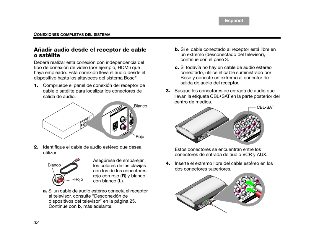 Bose AM314478 manual Añadir audio desde el receptor de cable o satélite 