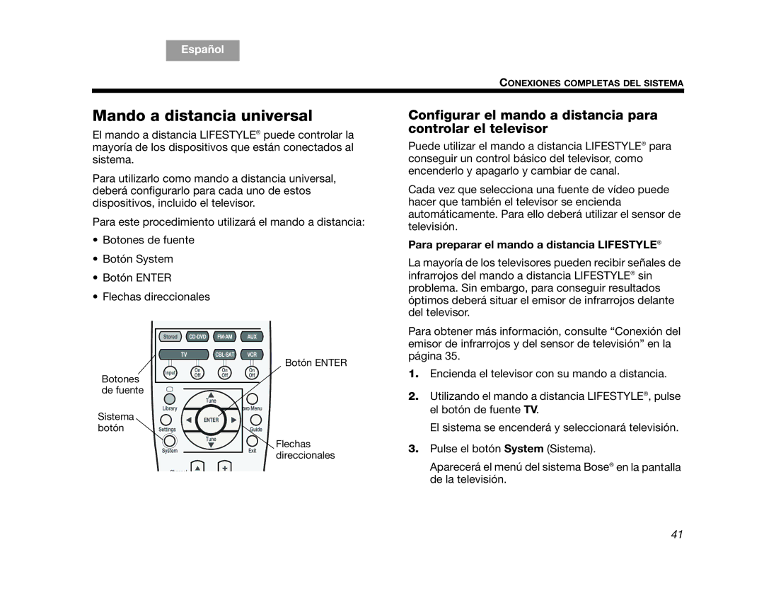 Bose AM314478 manual Mando a distancia universal, Configurar el mando a distancia para controlar el televisor 