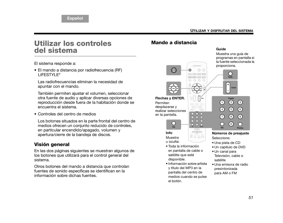 Bose AM314478 manual Utilizar los controles del sistema, Visión general, Mando a distancia 