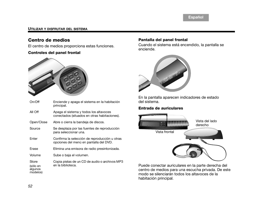 Bose AM314478 manual Centro de medios, Controles del panel frontal, Pantalla del panel frontal, Entrada de auriculares 