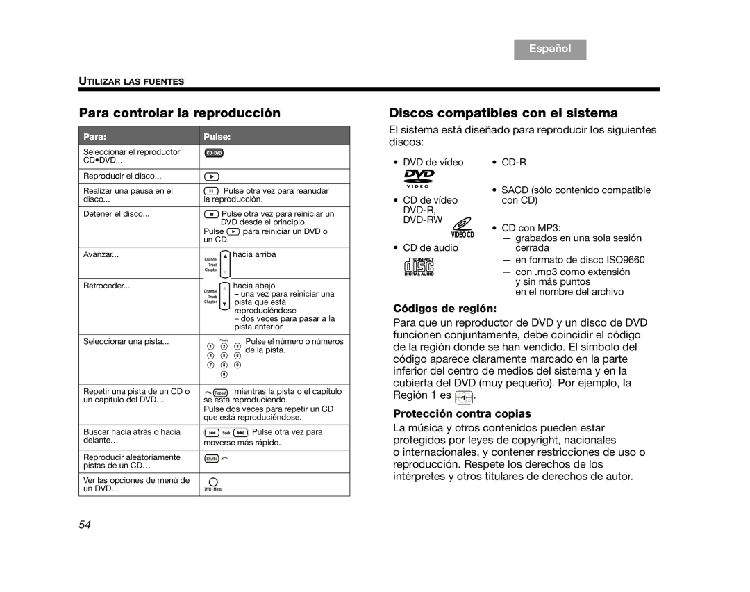 Bose AM314478 manual Para controlar la reproducción, Discos compatibles con el sistema, Códigos de región 