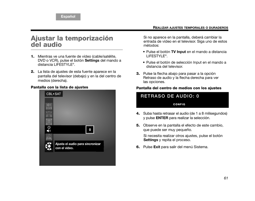 Bose AM314478 manual Ajustar la temporización del audio, Pantalla con la lista de ajustes 