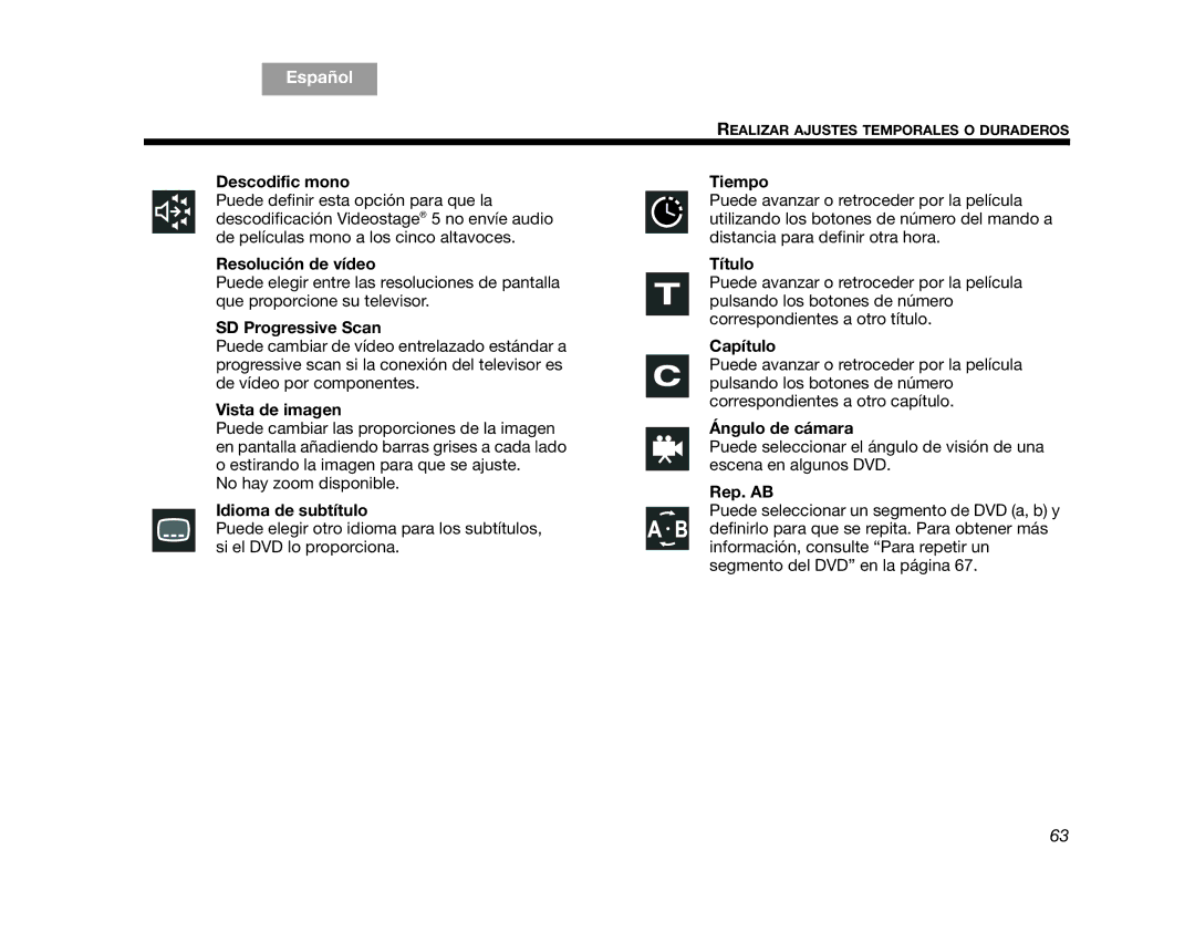 Bose AM314478 manual Descodific mono, Resolución de vídeo, Vista de imagen, Idioma de subtítulo, Tiempo, Título, Capítulo 