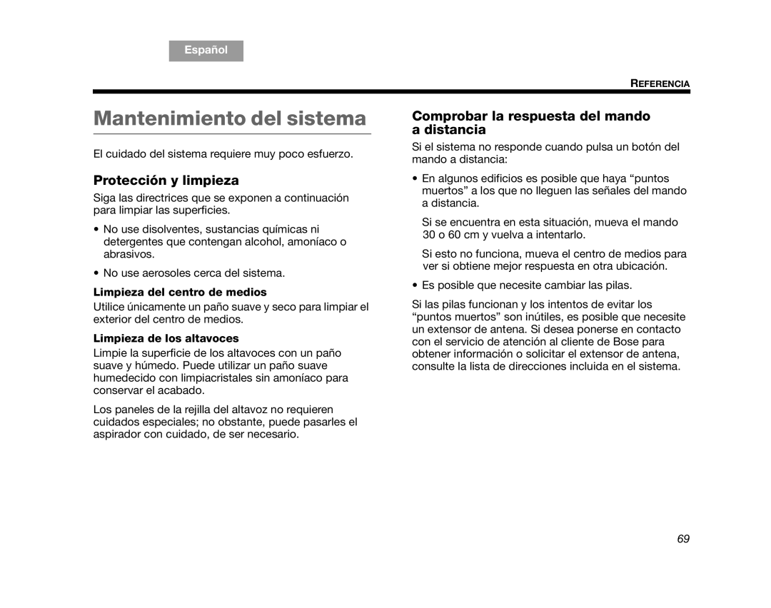 Bose AM314478 manual Mantenimiento del sistema, Protección y limpieza, Comprobar la respuesta del mando a distancia 