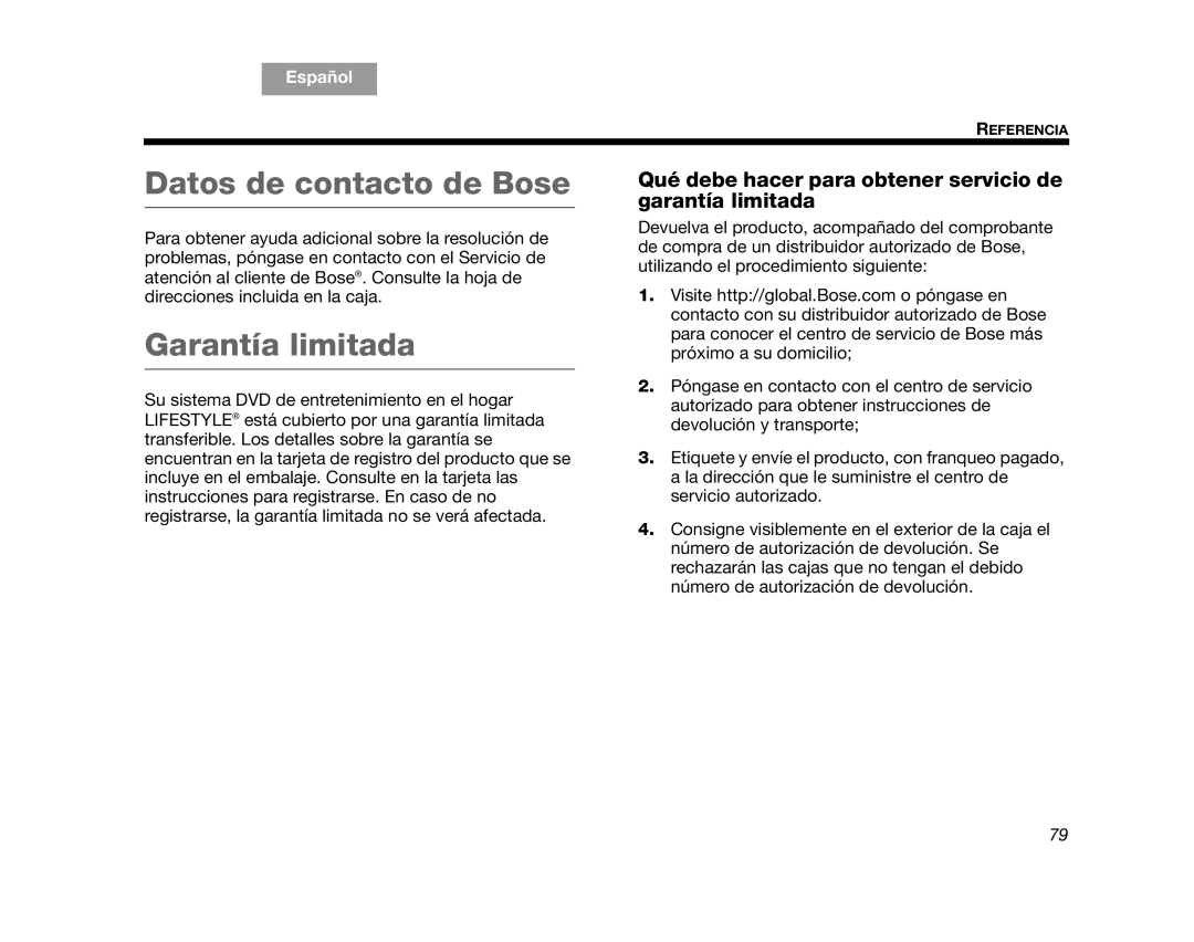 Bose AM314478 Datos de contacto de Bose, Garantía limitada, Qué debe hacer para obtener servicio de garantía limitada 