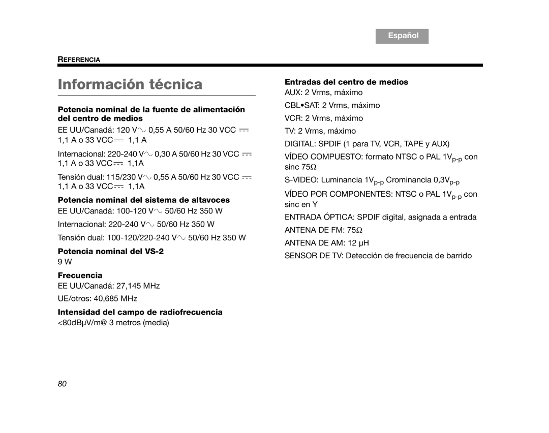 Bose AM314478 manual Información técnica, Potencia nominal del sistema de altavoces, Potencia nominal del VS-2 Frecuencia 