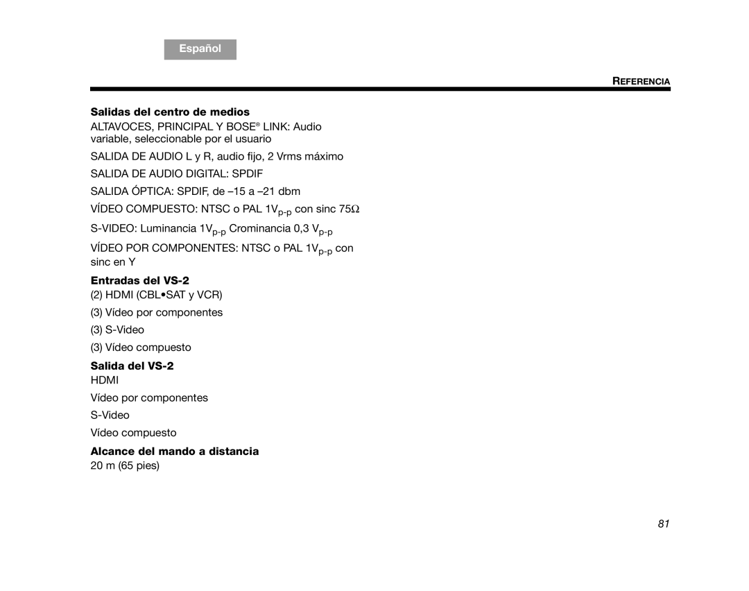 Bose AM314478 manual Salidas del centro de medios, Entradas del VS-2, Salida del VS-2, Alcance del mando a distancia 