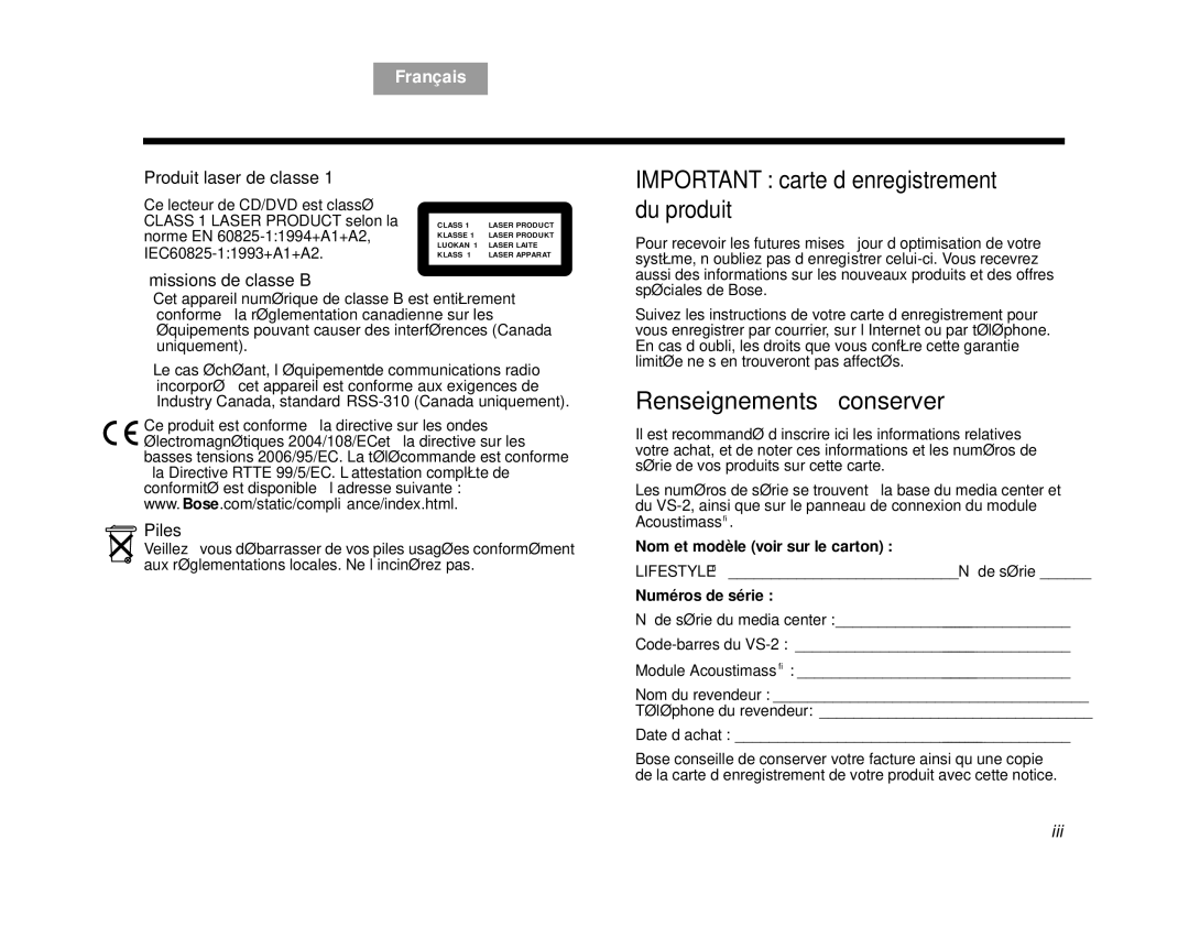 Bose AM314478 Important carte d’enregistrement du produit, Renseignements à conserver, Produit laser de classe, Piles 