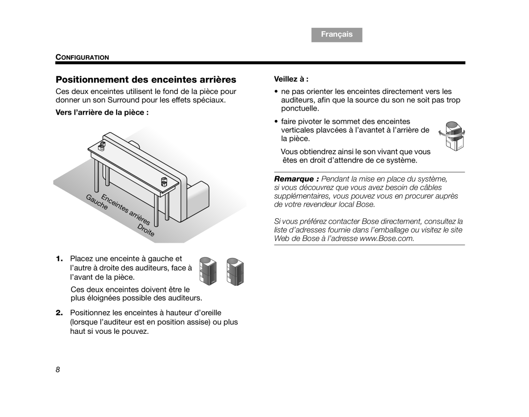 Bose AM314478 manual Positionnement des enceintes arrières, Vers l’arrière de la pièce 