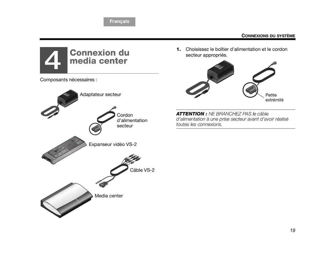 Bose AM314478 manual Connexion du Media center 