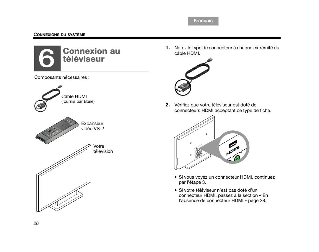 Bose AM314478 manual Connexion au Téléviseur 