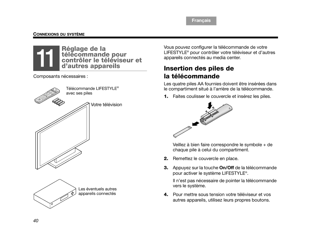 Bose AM314478 manual Insertion des piles de la télécommande 