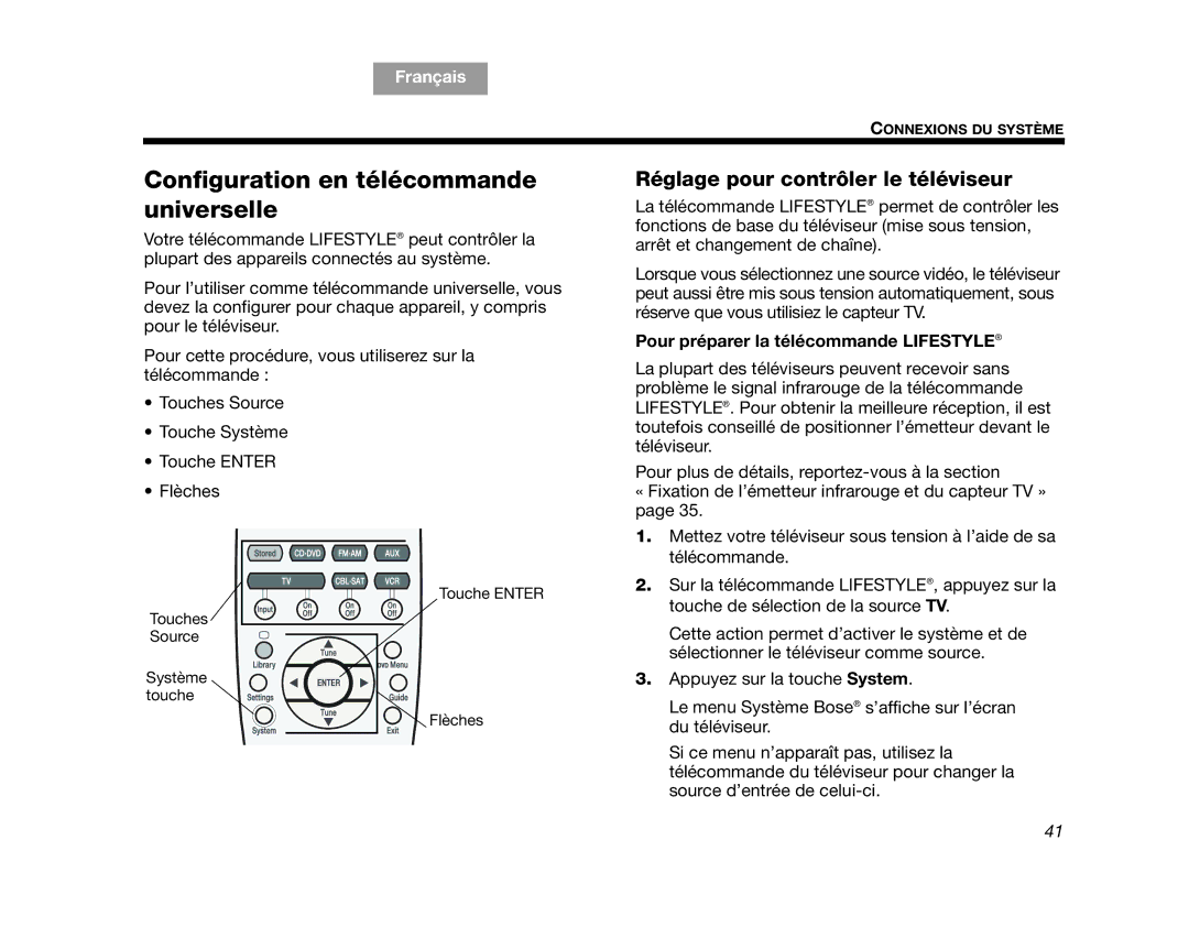 Bose AM314478 manual Configuration en télécommande universelle, Réglage pour contrôler le téléviseur 