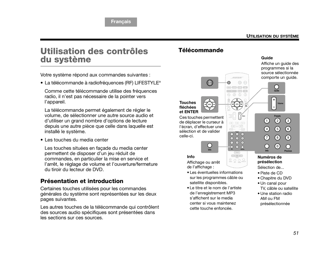 Bose AM314478 manual Utilisation des contrôles du système, Présentation et introduction, Télécommande 