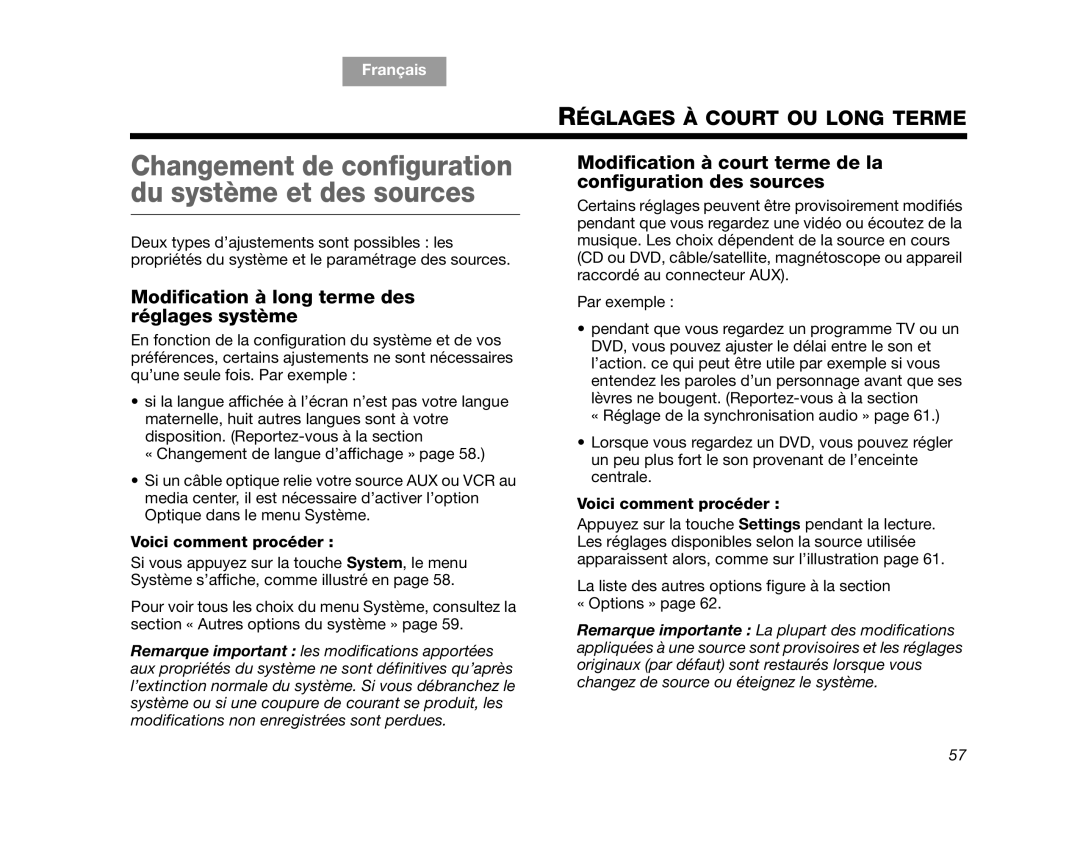 Bose AM314478 Modification à court terme de la configuration des sources, Modification à long terme des réglages système 