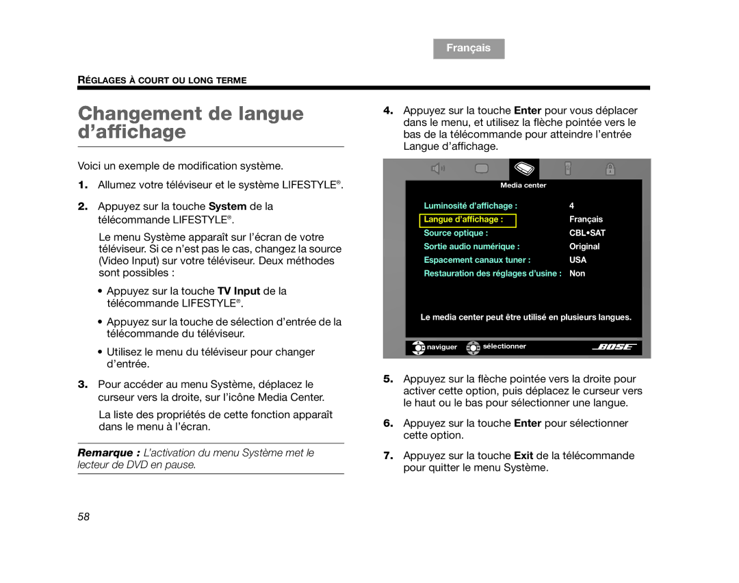 Bose AM314478 manual Changement de langue d’affichage, Usa 