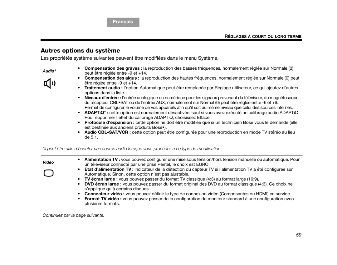 Bose AM314478 manual Autres options du système, Peut être réglée entre -9 et +14 