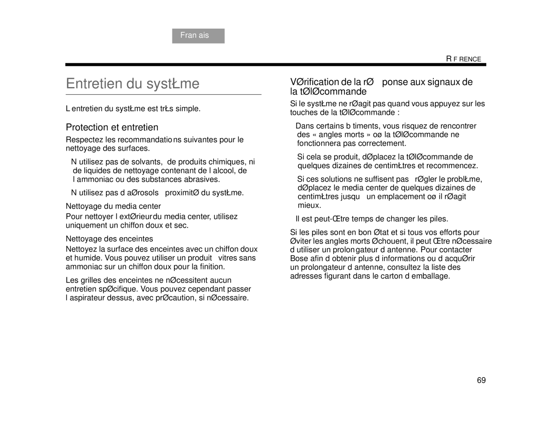 Bose AM314478 Entretien du système, Protection et entretien, Vérification de la réponse aux signaux de la télécommande 