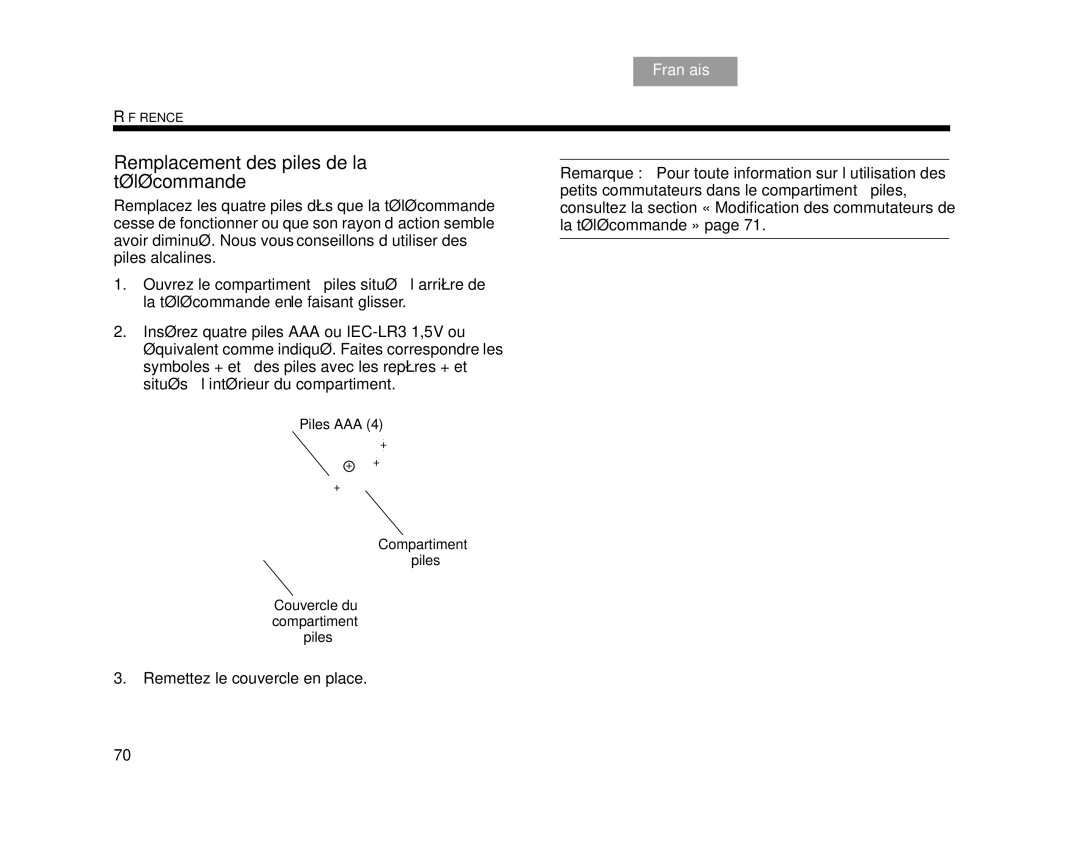 Bose AM314478 manual Remplacement des piles de la télécommande 