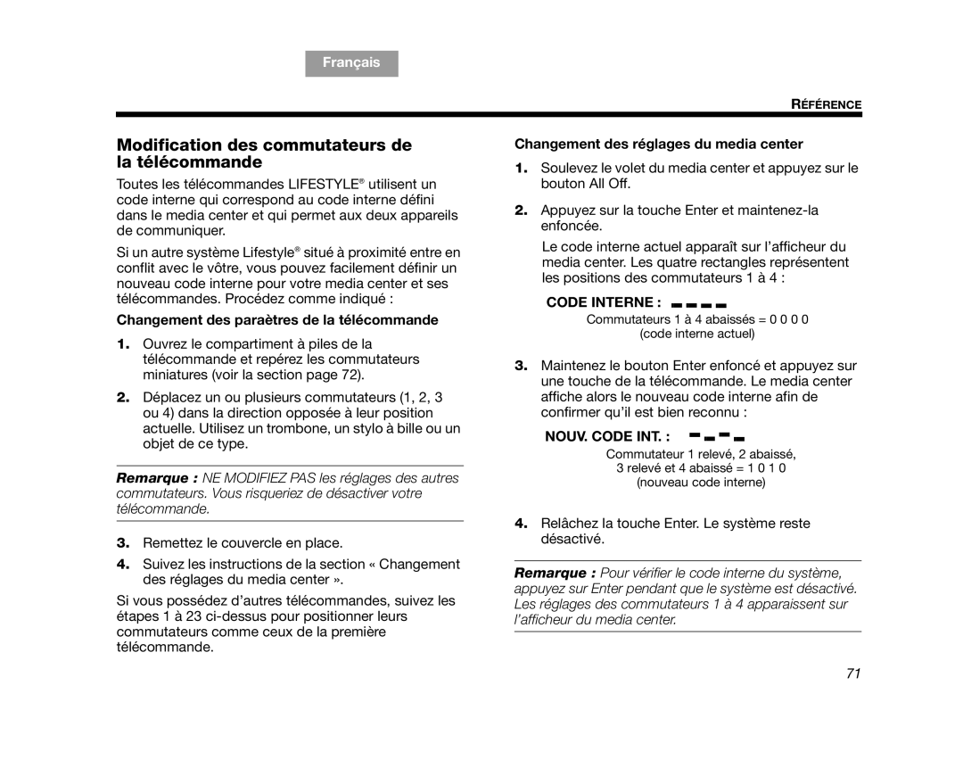 Bose AM314478 manual Modification des commutateurs de la télécommande, Changement des paraètres de la télécommande 