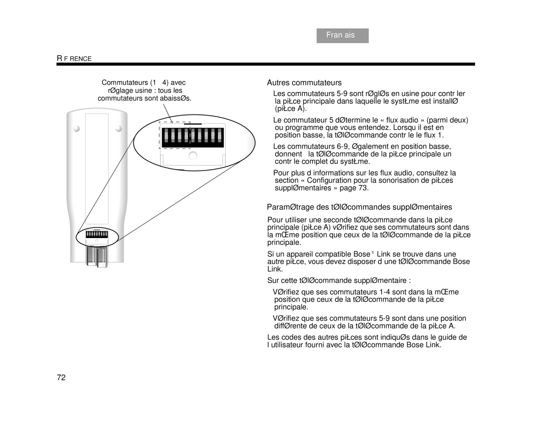 Bose AM314478 manual Autres commutateurs, Paramétrage des télécommandes supplémentaires 