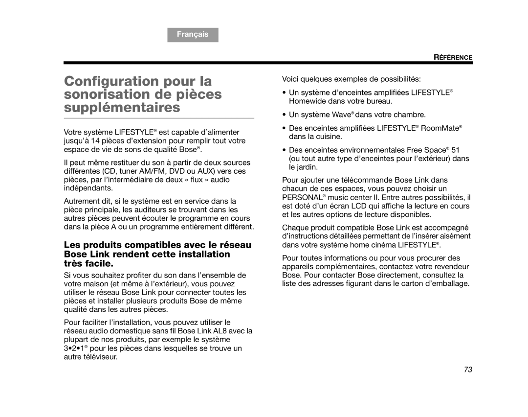 Bose AM314478 manual Configuration pour la sonorisation de pièces supplémentaires 