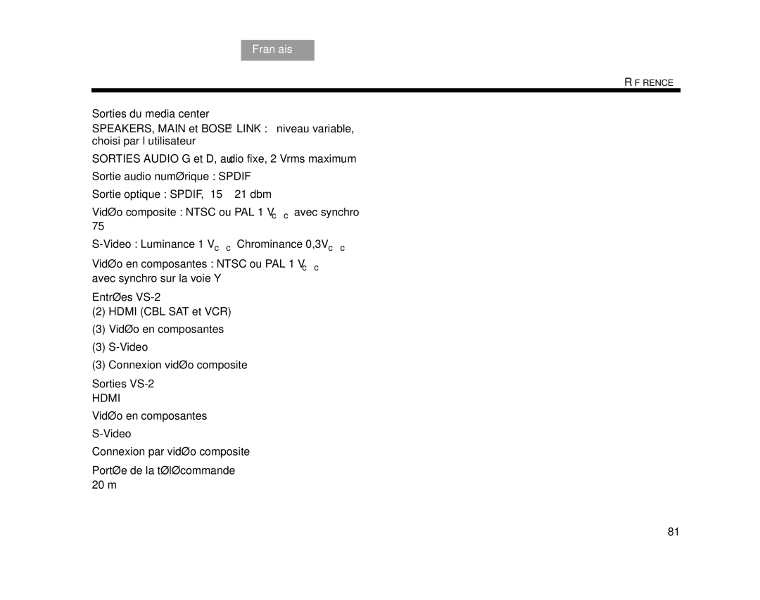 Bose AM314478 manual Sorties du media center, Entrées VS-2, Sorties VS-2, Portée de la télécommande 