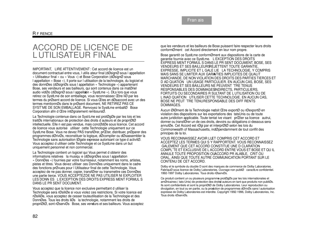 Bose AM314478 manual Accord DE Licence DE L’UTILISATEUR Final 