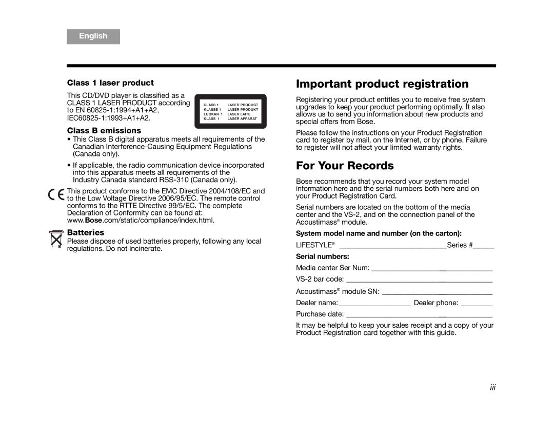 Bose AM314478 manual Important product registration, For Your Records, Class 1 laser product, Class B emissions, Batteries 