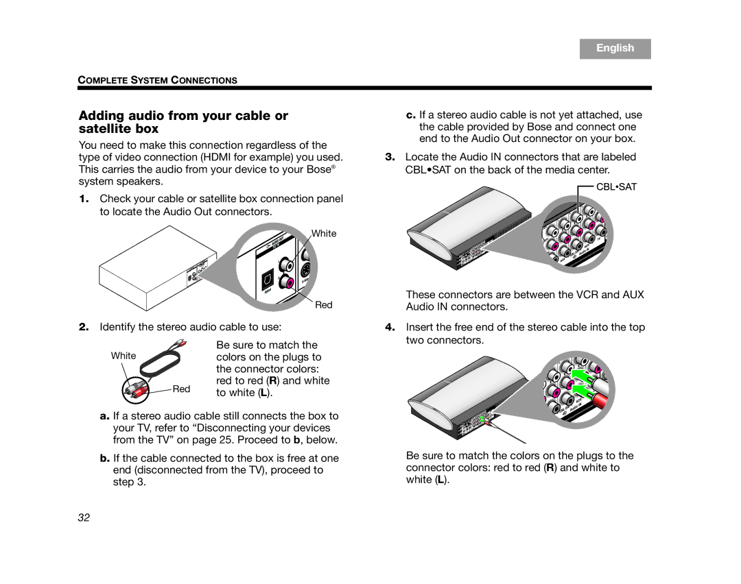 Bose AM314478 manual Adding audio from your cable or satellite box 