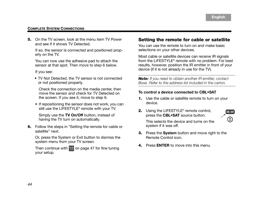 Bose AM314478 manual Setting the remote for cable or satellite, To control a device connected to Cblsat 