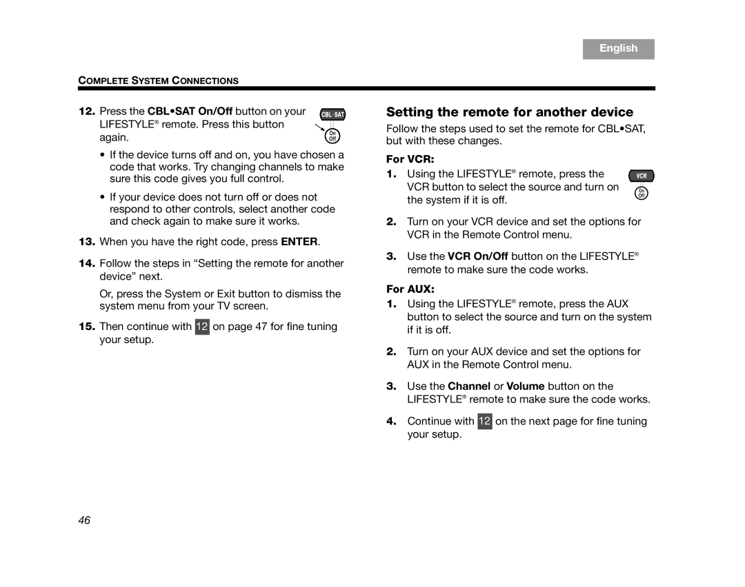 Bose AM314478 manual Setting the remote for another device, For VCR, For AUX 