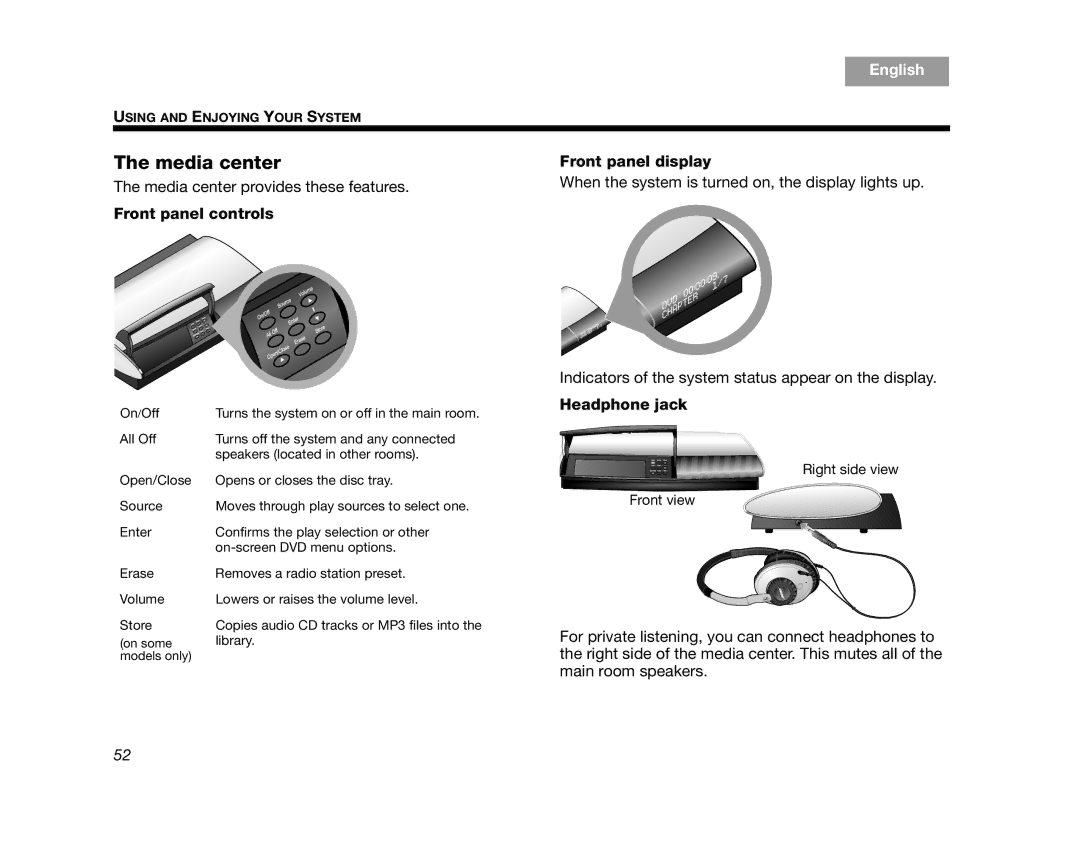 Bose AM314478 manual Media center, Front panel controls, Front panel display, Headphone jack 