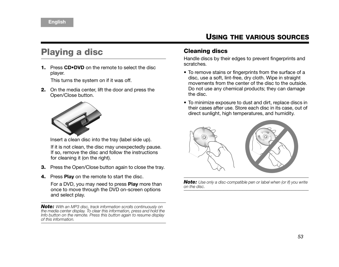 Bose AM314478 manual Playing a disc, Cleaning discs 