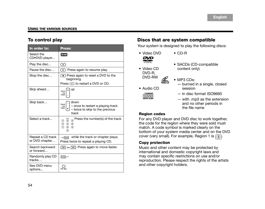 Bose AM314478 manual To control play, Discs that are system compatible, Region codes, Copy protection 