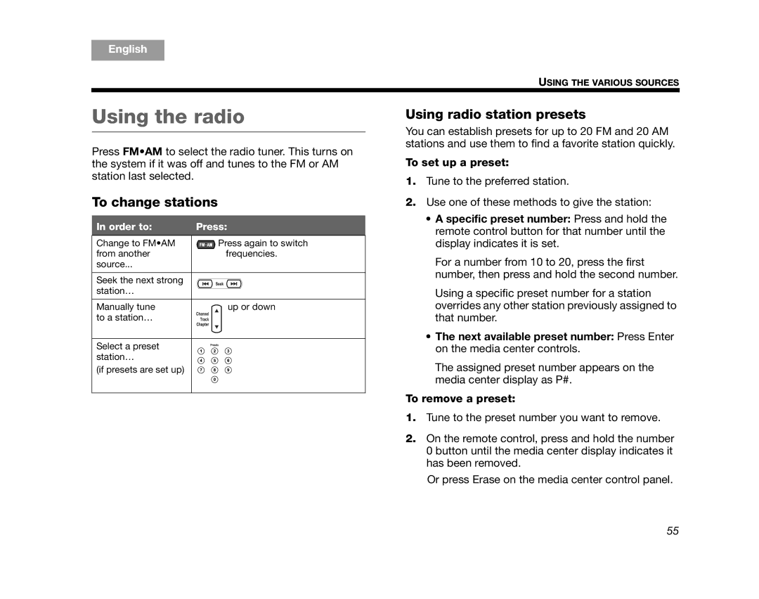 Bose AM314478 Using the radio, Using radio station presets, To change stations, To set up a preset, To remove a preset 