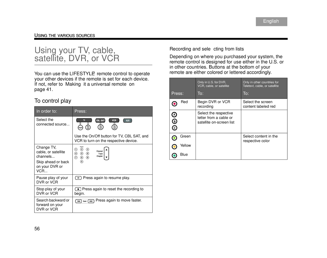 Bose AM314478 manual Using your TV, cable, satellite, DVR, or VCR, Recording and selecting from lists 