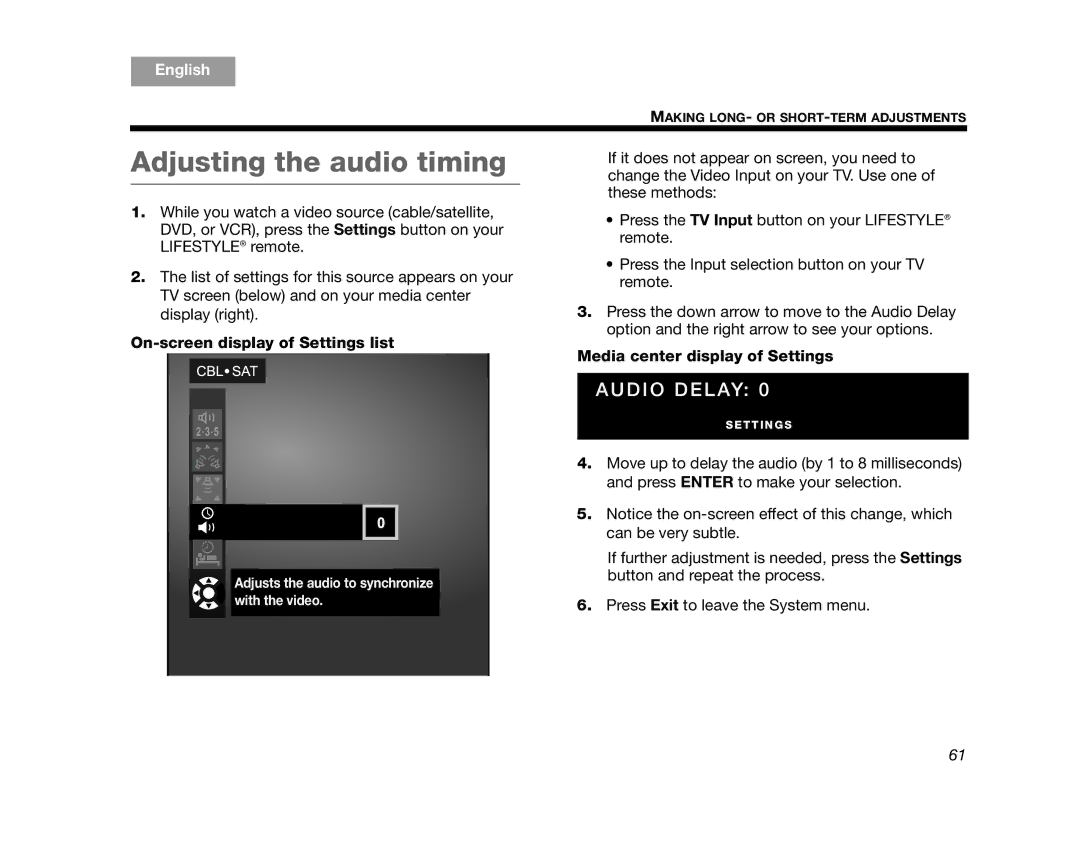 Bose AM314478 manual Adjusting the audio timing, On-screen display of Settings list, Media center display of Settings 