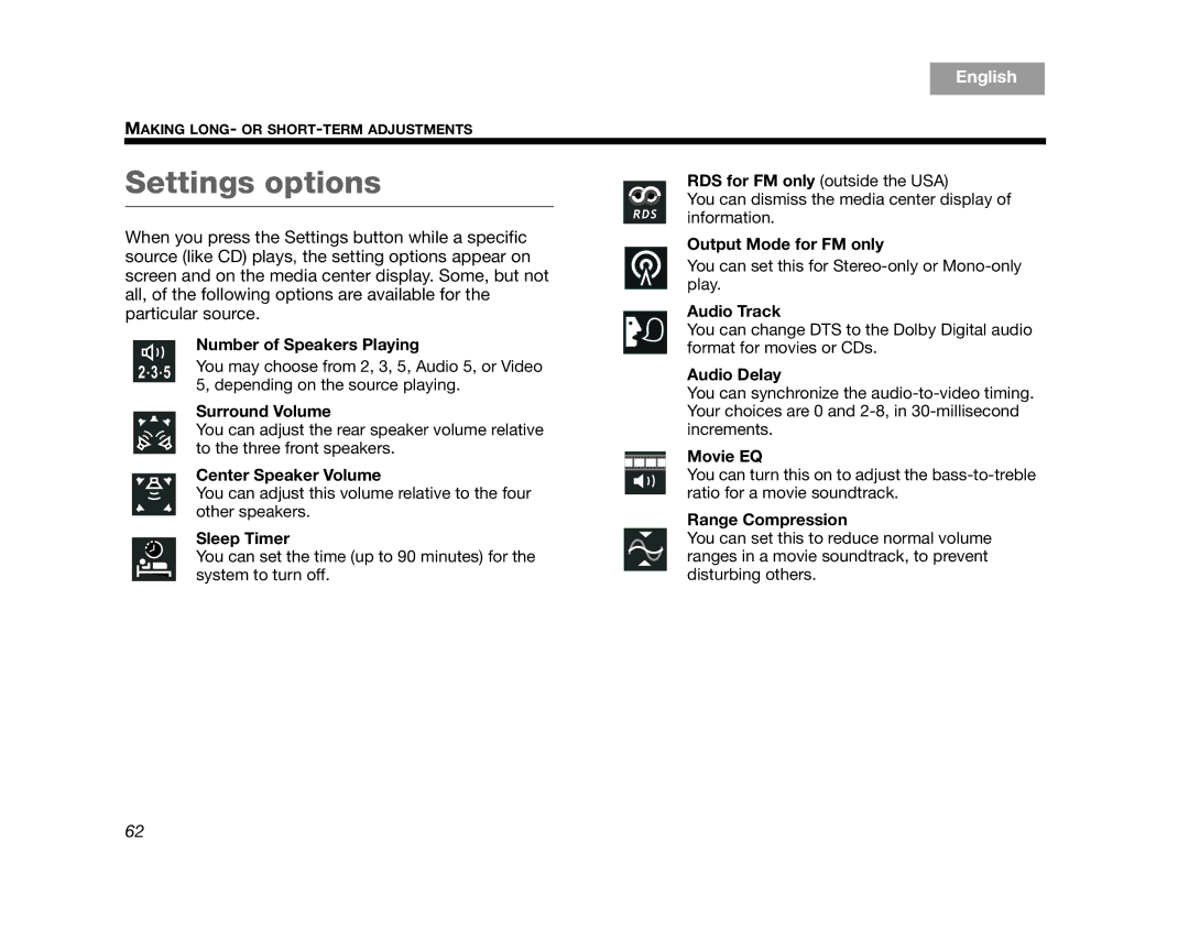 Bose AM314478 manual Settings options 