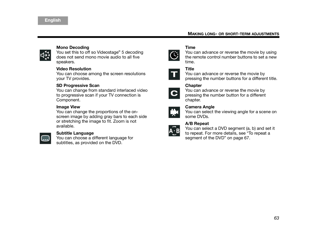 Bose AM314478 Mono Decoding, Video Resolution, SD Progressive Scan, Image View, Subtitle Language, Time, Title, Chapter 