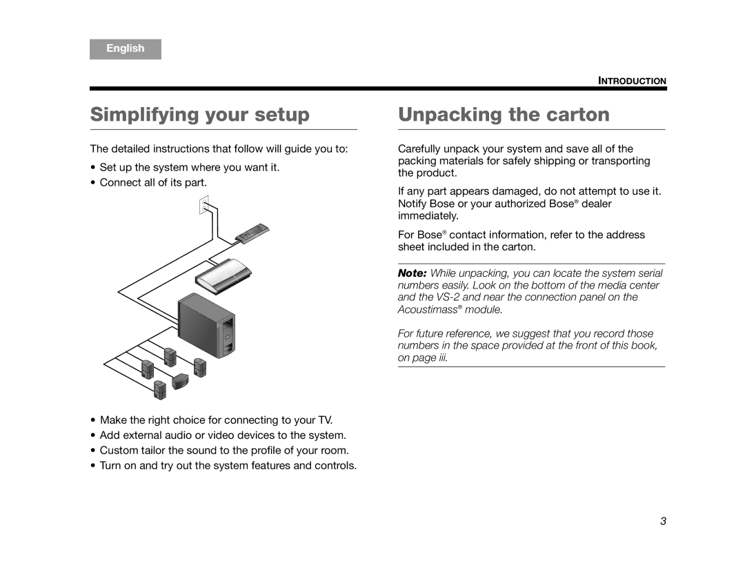 Bose AM314478 manual Simplifying your setup, Unpacking the carton 